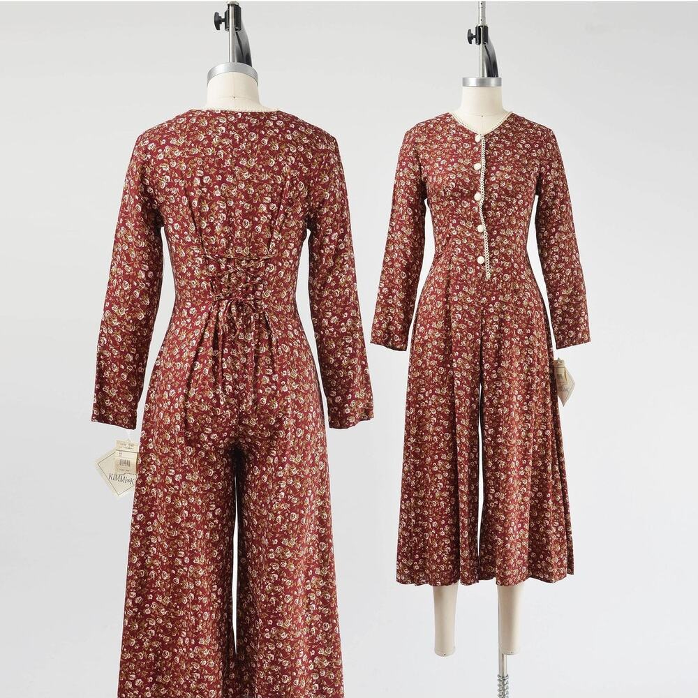 Vintage 90s Burgundy Floral Cottagecore Wide Leg Cropped Jumpsuit size XS